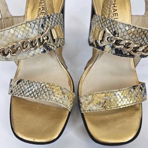 Michael Kors Sandal Women 7M Gold Snake Animal High Heel Chunky Boho Y2K 4.5"H - Picture 5 of 9